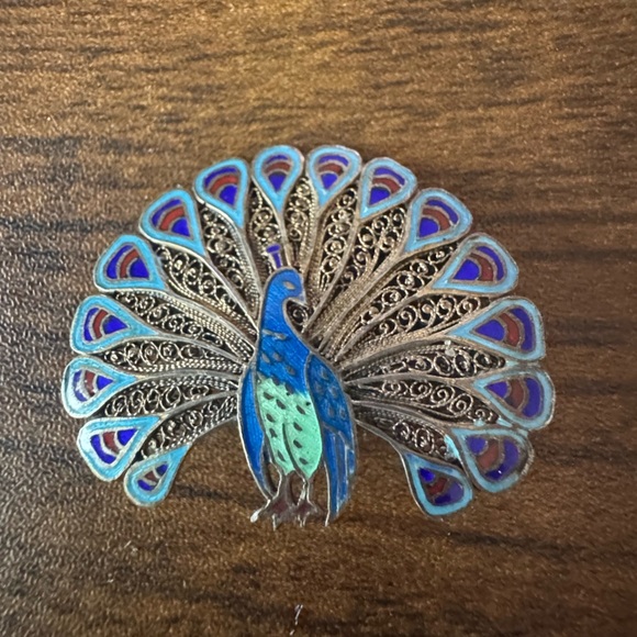 Antique Enamel Peacock Brooch Pin Blue Green - Picture 2 of 6